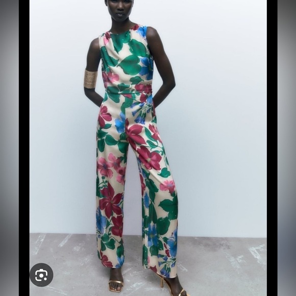 Zara Floral Satin Wide Leg Sleeveless Jumpsuit - Picture 5 of 14